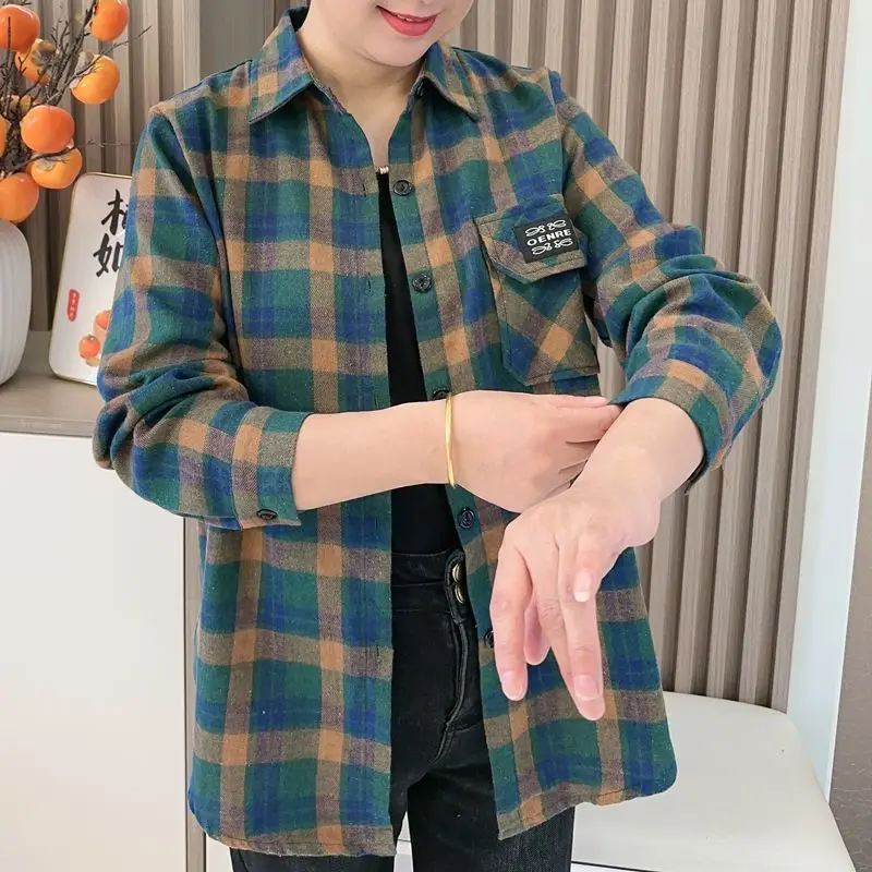 

Summer Pure Cotton Women's irt Loose Casual Thin Outerwear Spring Autumn Plaid Loose Fit Comfortable Collar Regular Sl...