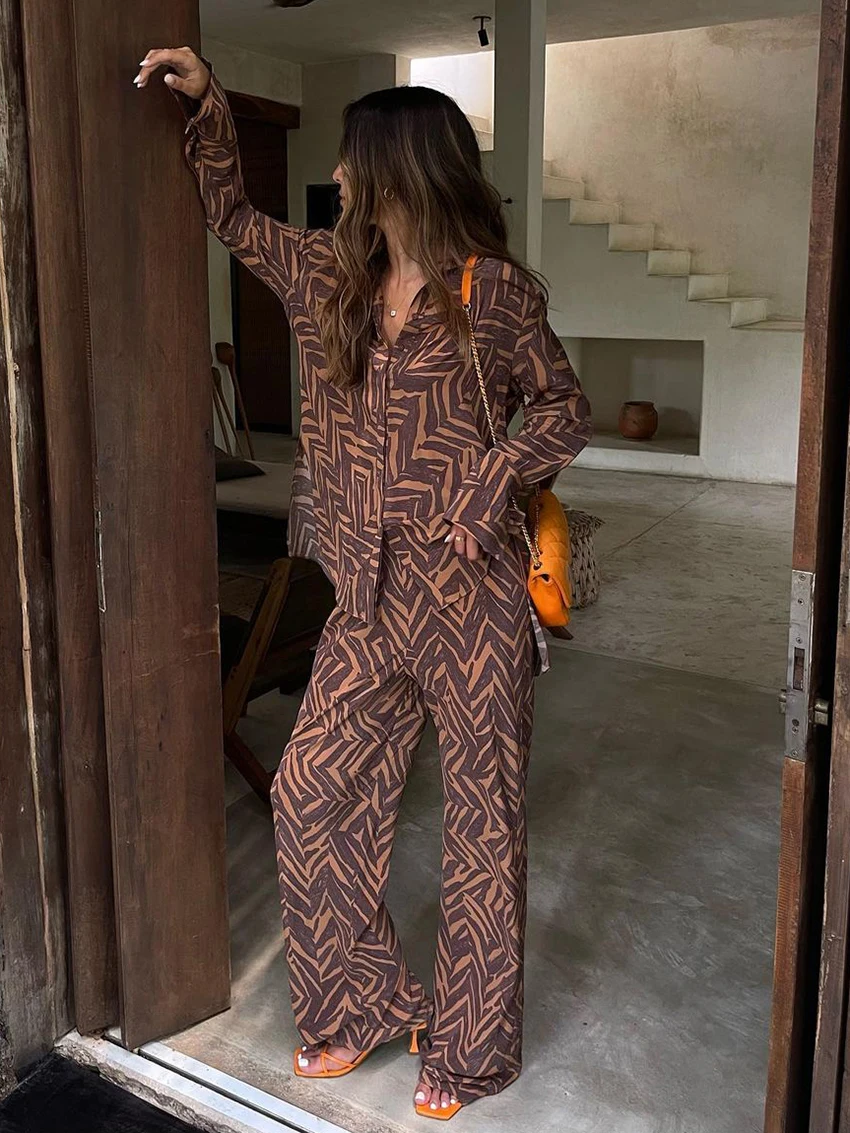 Marthaqiqi Printing Ladies Nightgowns Set Long Sleeve Nightwear Sexy Turn-Down Collar Pajamas Pants Casual Female Sleepwear Suit