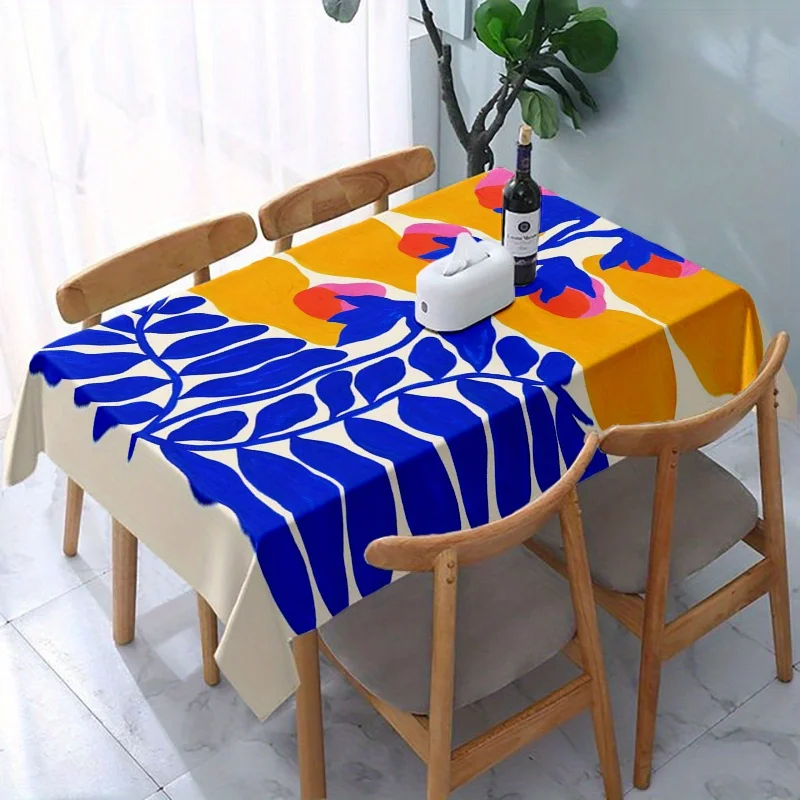 1pc Yellow & Blue Color-Blocking Branches & Leaves Tablecloth - Polyester Rectangular Table Cover for Kitchen, Dining, Bedroom