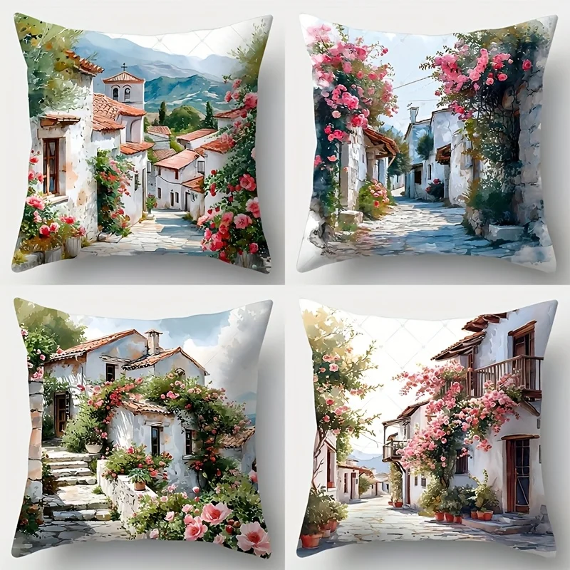 

4-Pack Peaceful Town Pillow Covers, Floral and Architecture Print Decorative Cushion Cases for Sofa and Living Room Decor