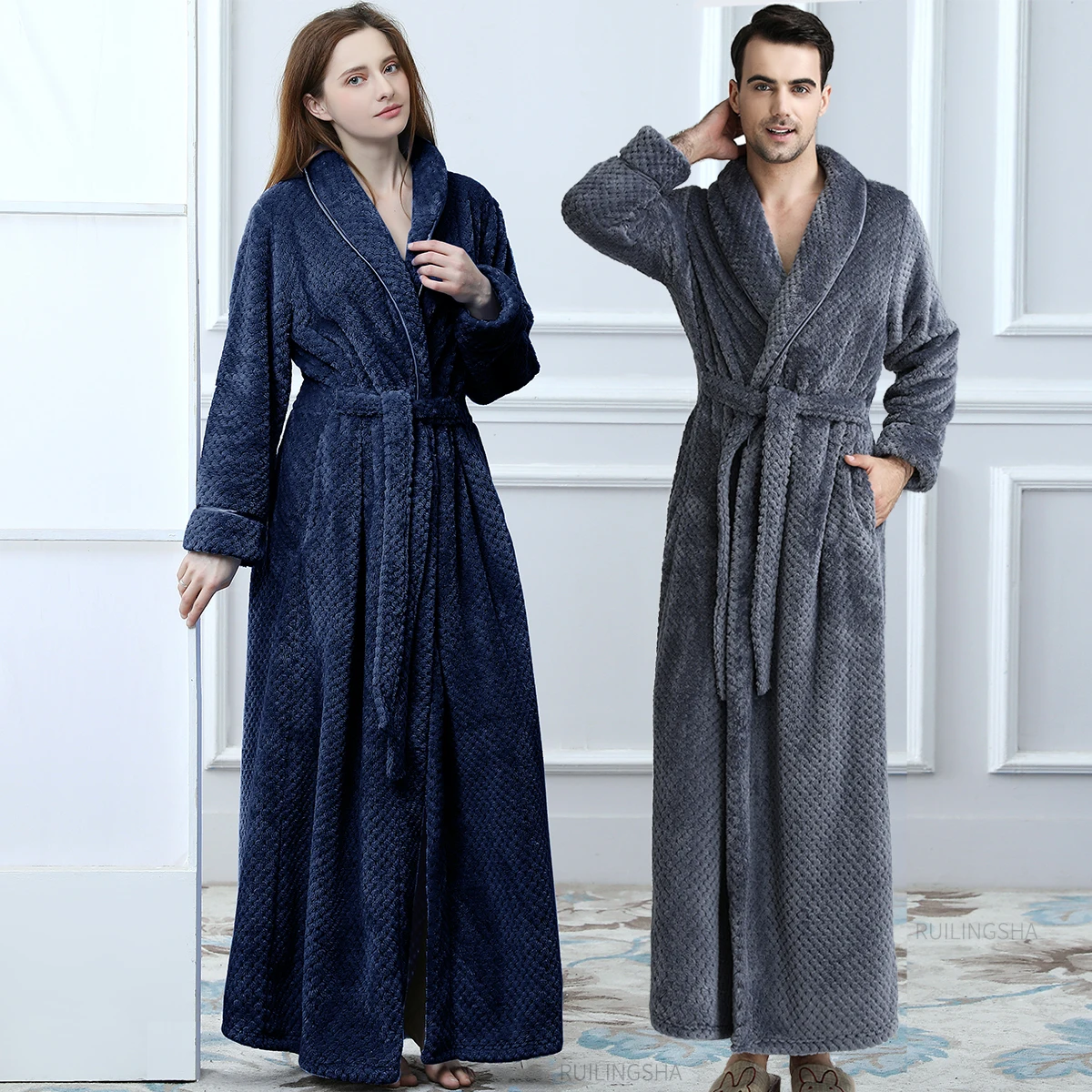 

Women Extra Long Warm Baby Flannel Bathrobe Plus Size Winter Shower Bath Robe Thick Coral Fleece Dressing Gown for Men Sleepwear