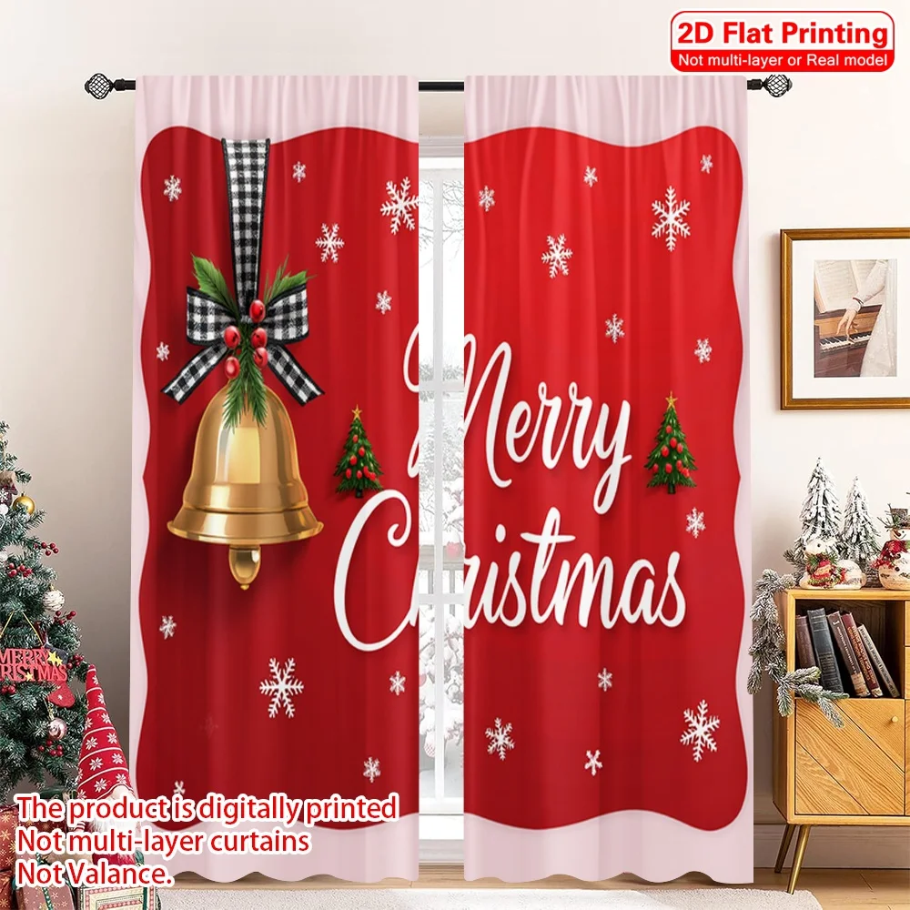 

2pcs 2D flat printing Merry Christmas Scene Curtains Christmas Bell Wreath Polyester Without Electricity Family Party Use for