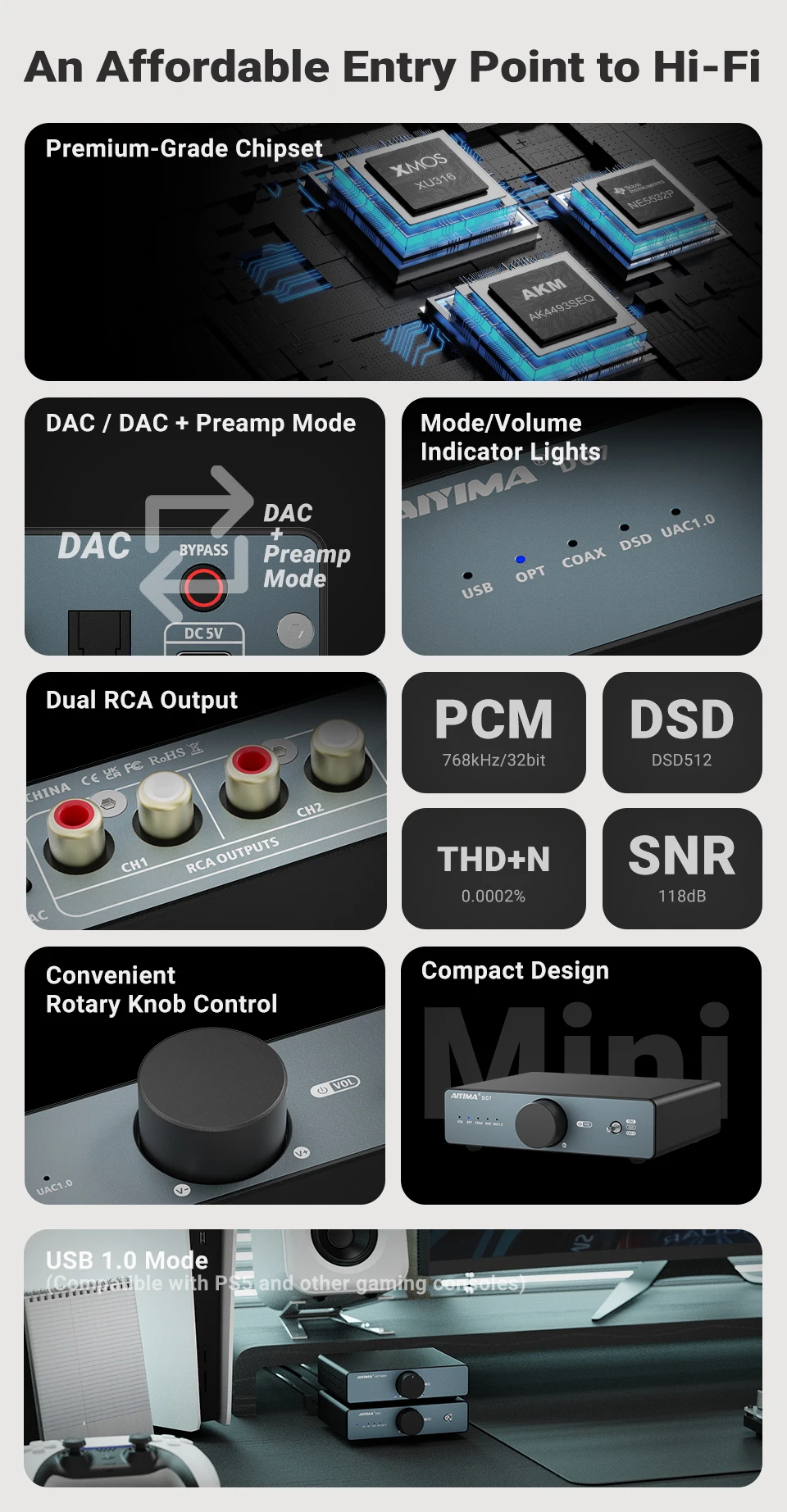 AIYIMA D07 DAC XMOS XU316 AKM 4493S HIFI Mini Desktop-Decoder PCM 768kHz/32Bit DSD512 Optischer/Koaxial/USB-Eingang RCA-Ausgang – Detail 4