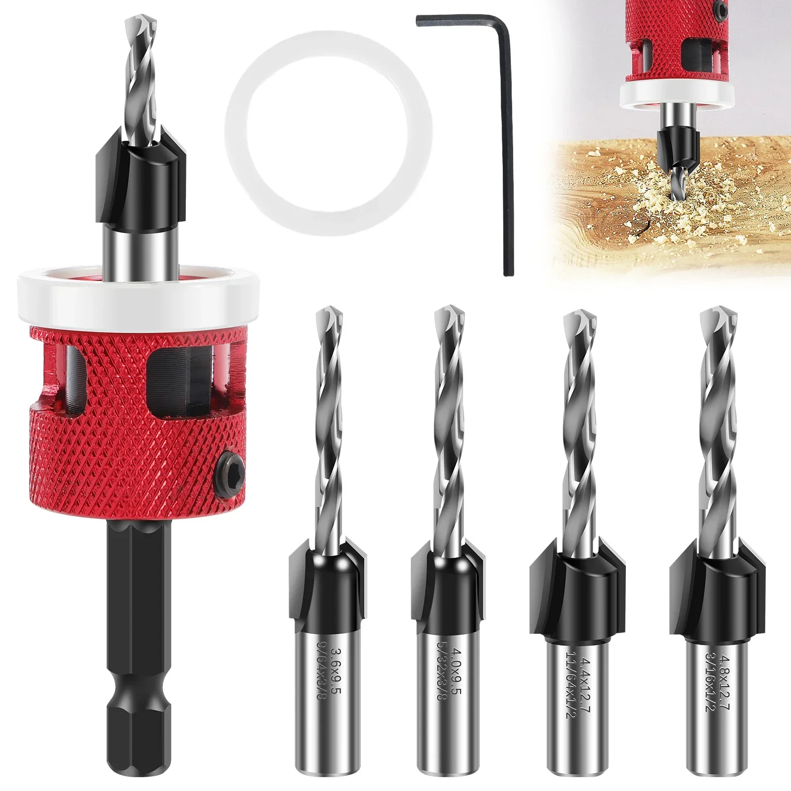 5Pcs Woodworking Countersink Drill Bit Set With Depth Stop Quick Change Wood Drill Bits HSS M2 Tapered Bits for Fiberboard Wood