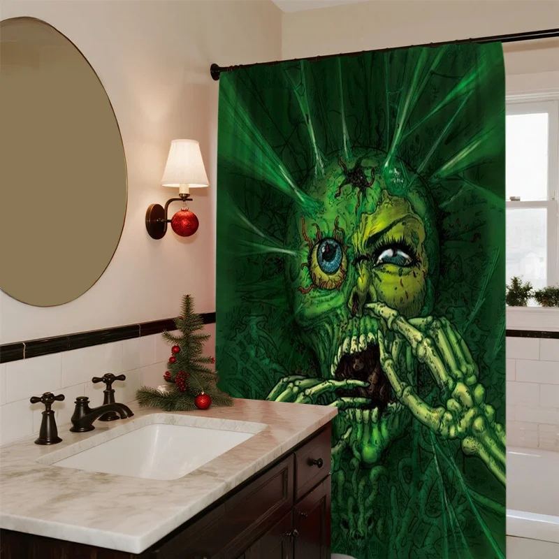 Green Zombie Face Shower Curtain, Scary Horror Skull Pattern Waterproof Bath Curtain, Spooky Halloween Bathroom Decor for Men