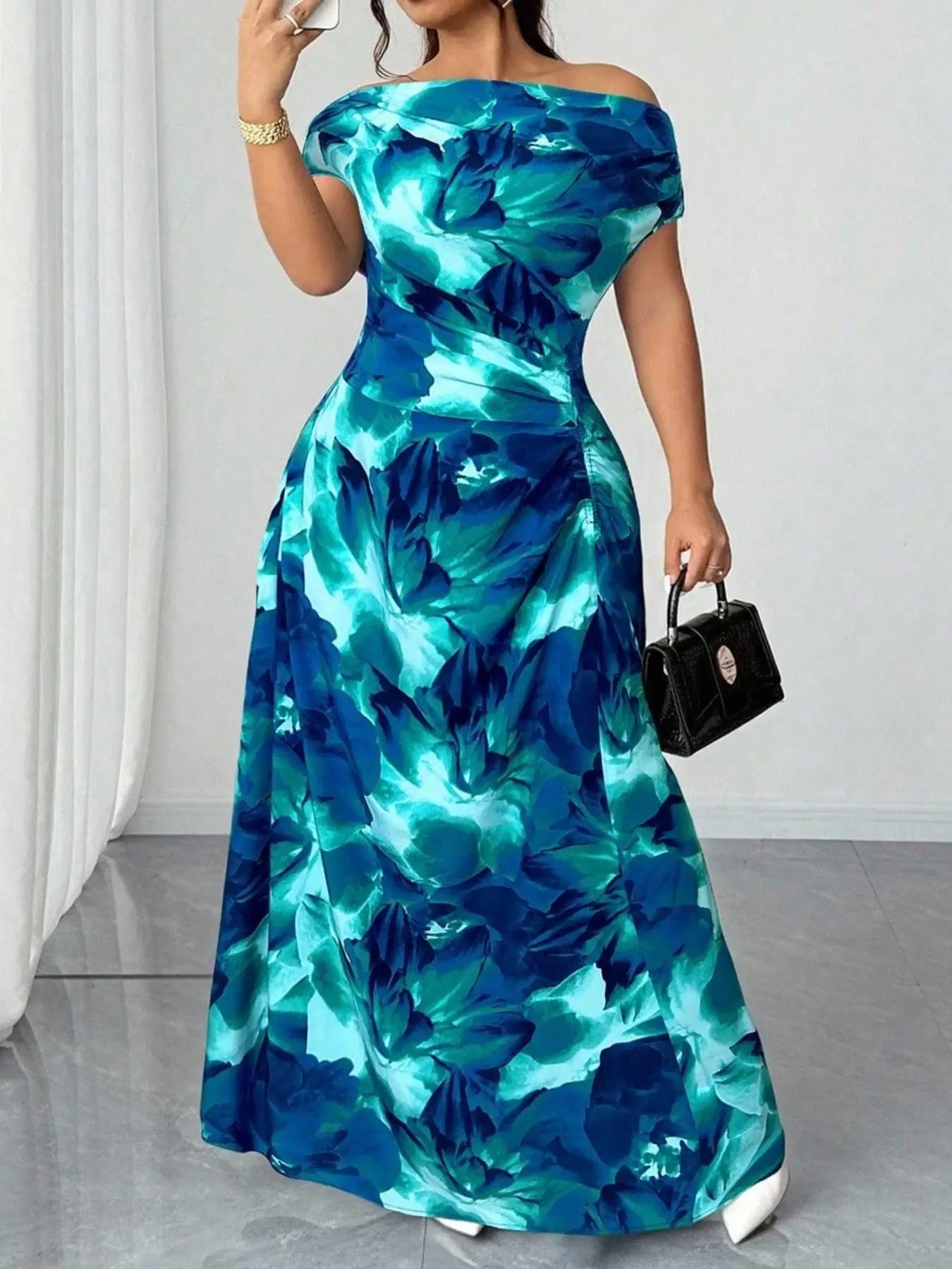 Plus Size One-Shoulder Dress, Bold All-Over Print, Fitted Waist Pleated Satin Midi, Elegant Party Evening Gown, Sleeveless view 6