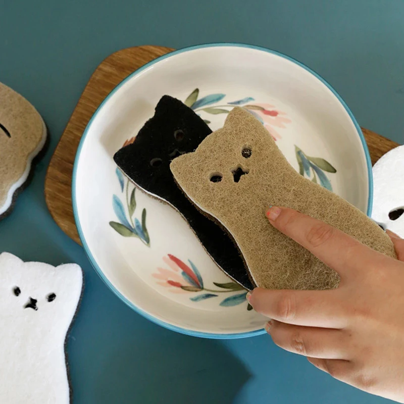 4PCS/Set Cute Cat Shape Sponge Sponge Dish Scrubber Sponge Strong Water Absorption Dishwashing Sponge Kitchen Cleaning Tool