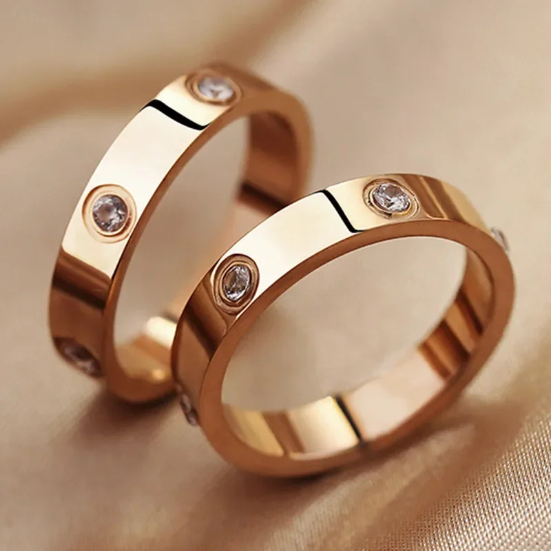 Trendy Stainless Steel Rose Gold Color Love Ring for Women Men Couple CZ Crystal Rings Fashion Charm Jewelry Gifts Wholesale