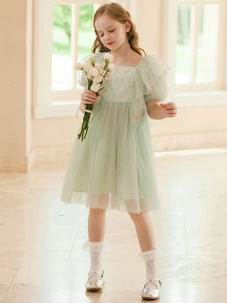 Baby Girls Summer Dresses Wedding Party Princess Flower Girl Dress Cute Gauze Puff Short Sleeve Light Green 3T 14yrs Kid Clothes