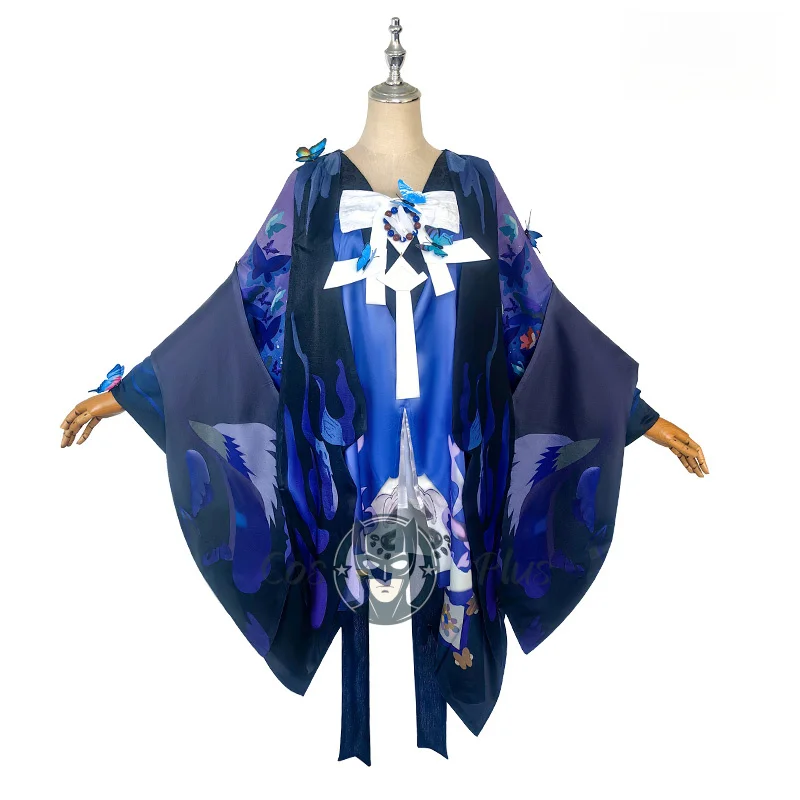 لعبة الهوية الجديدة على شكل حرف V Onmyoji ‌   زي ديمي بوربون التنكري، فستان على شكل فراشة زرقاء داكنة، زي موحد لحفلات الهالوين، ملابس لعب الأدوار