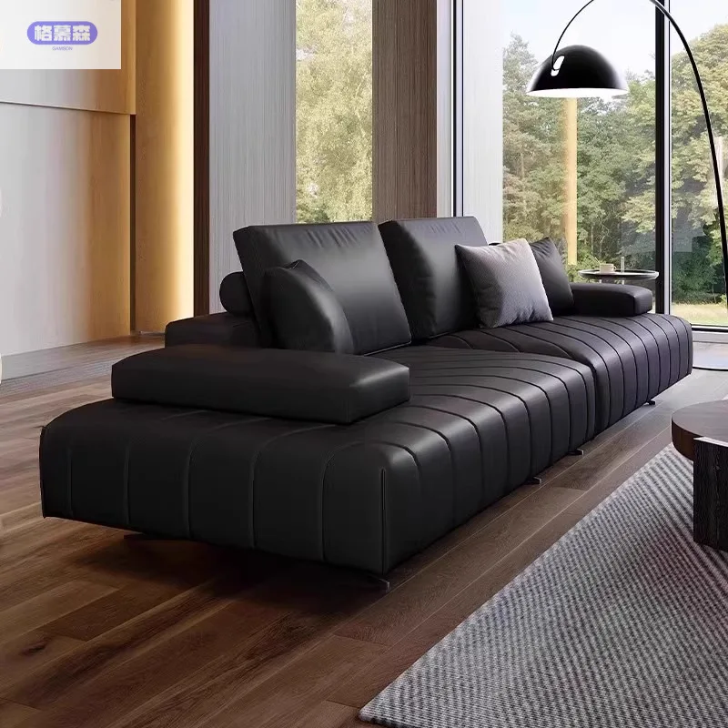 Italienisches einfaches Roland-Sofa aus verdicktem Rindsleder, modernes, minimalistisches Wohnzimmer, schwarzes, gerades Ledersofa aus Leder