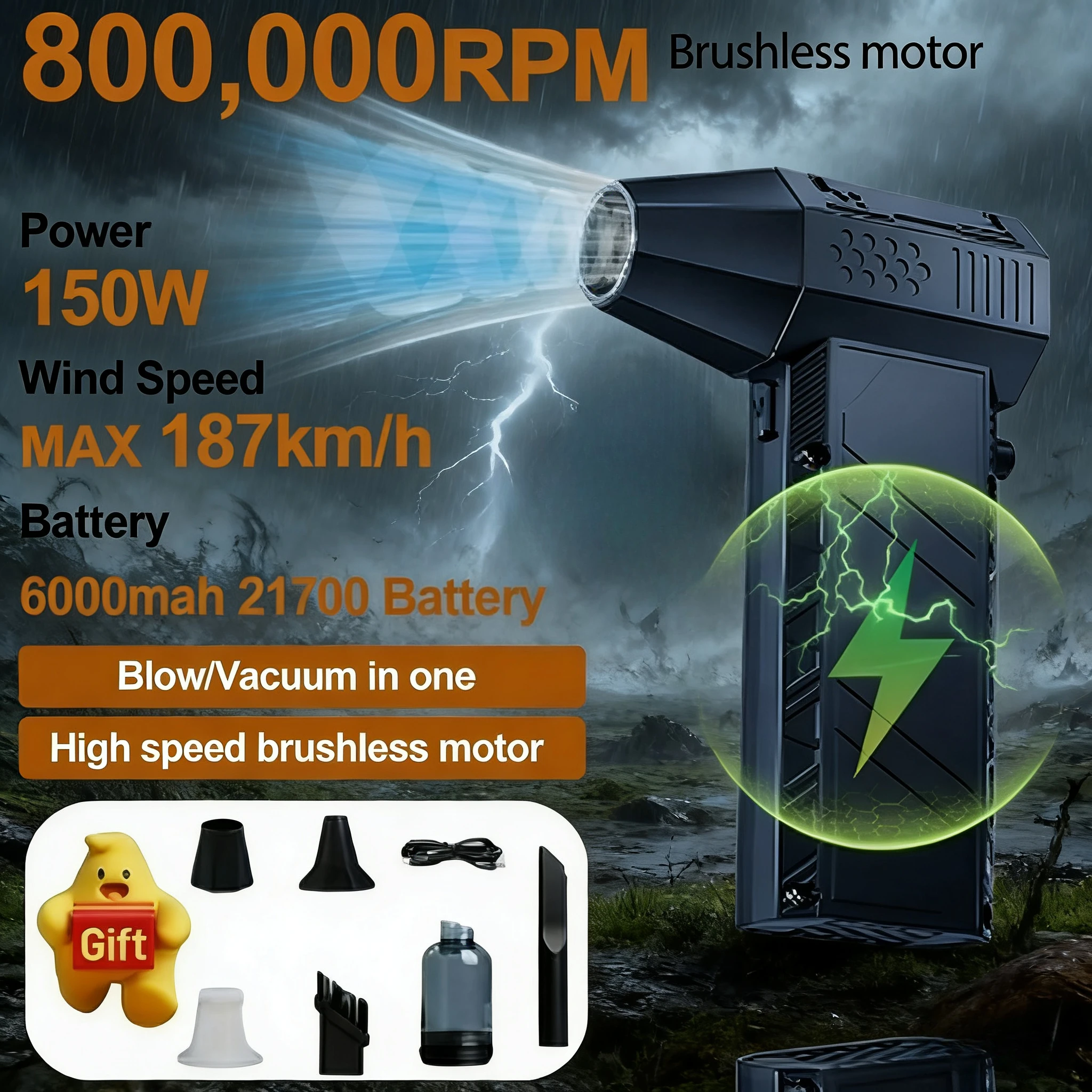 

Вентилятор для кемпинга 800000 об/мин X60 Snowy Hurricane — 150 Вт, 53 м/с, высокоскоростной, 6000 мАч, тип C, перезаряжаемый