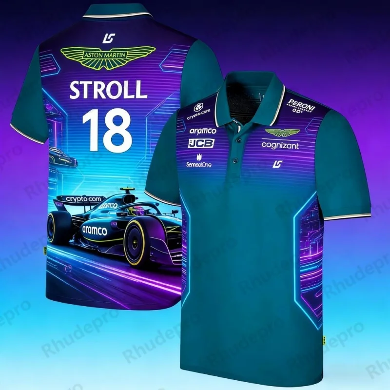 Polo de Manga Corta con Tema de Carreras Aston Martin Team Stroll 18, Camiseta Deportiva con Estampado de Moda, Ropa Informal para Eventos Diarios
