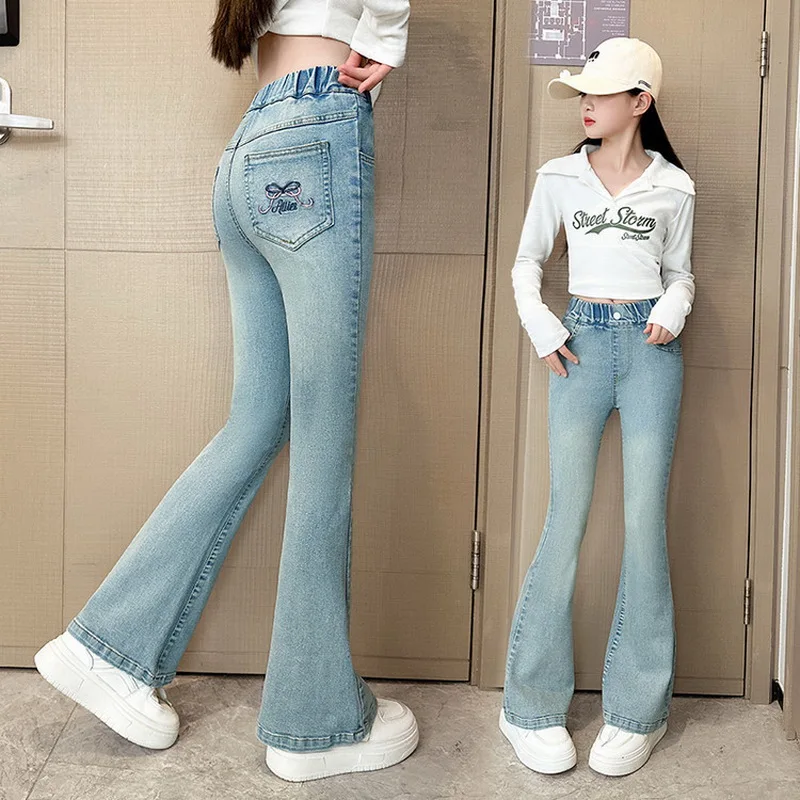 

New Bow Embroidery Design Children Flared Jeans For Girls Fashion Street Denim Pants High Quality Kids Baby Trousers 5-14 Y