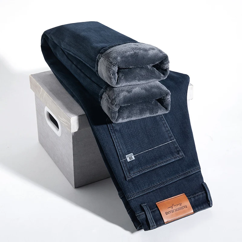 

Толстые зимние джинсы, мужские деловые флисовые теплые прямые удобные винтажные бархатные свободные джинсовые брюки, мужской бренд