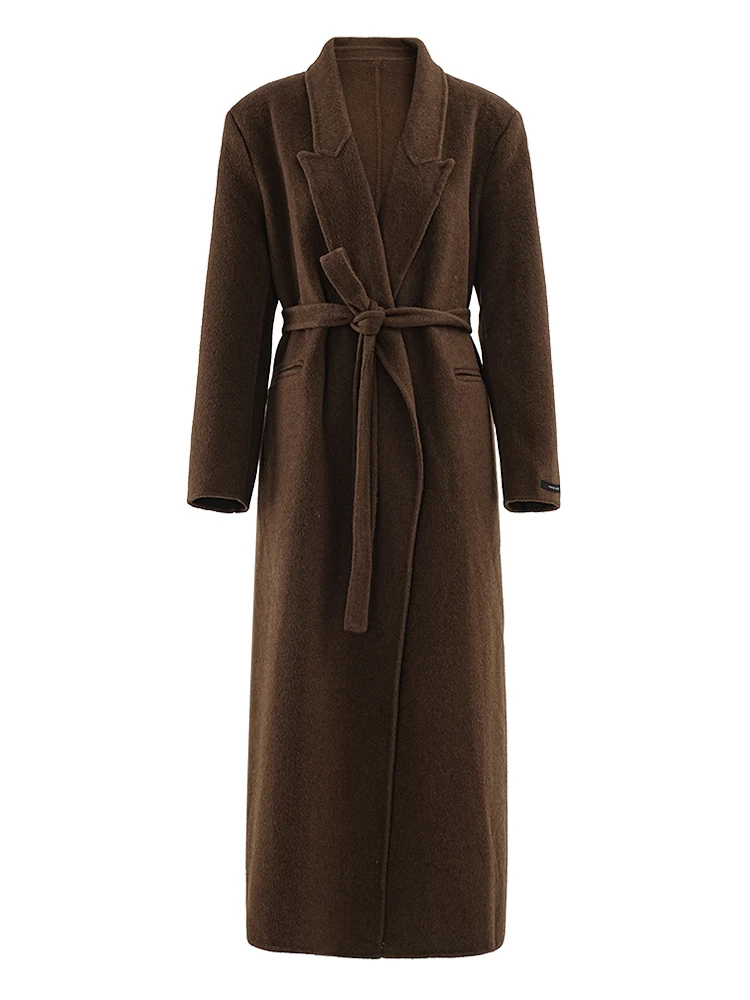 LANMREM Long Wool Coats Office Lady Notched Collar Long Sleeves Overcoat With Belt Female Luxury Elegant Clothing New CPG1859