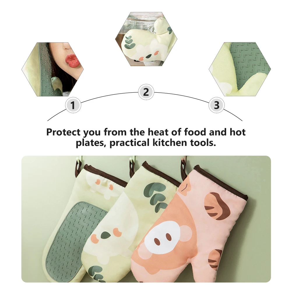 

2pcs 1 Pair Silicone Heat Resistant Oven Gloves Green Baking Mitten For Microwave Kitchen Use Protective Non-Slip Baking Gloves