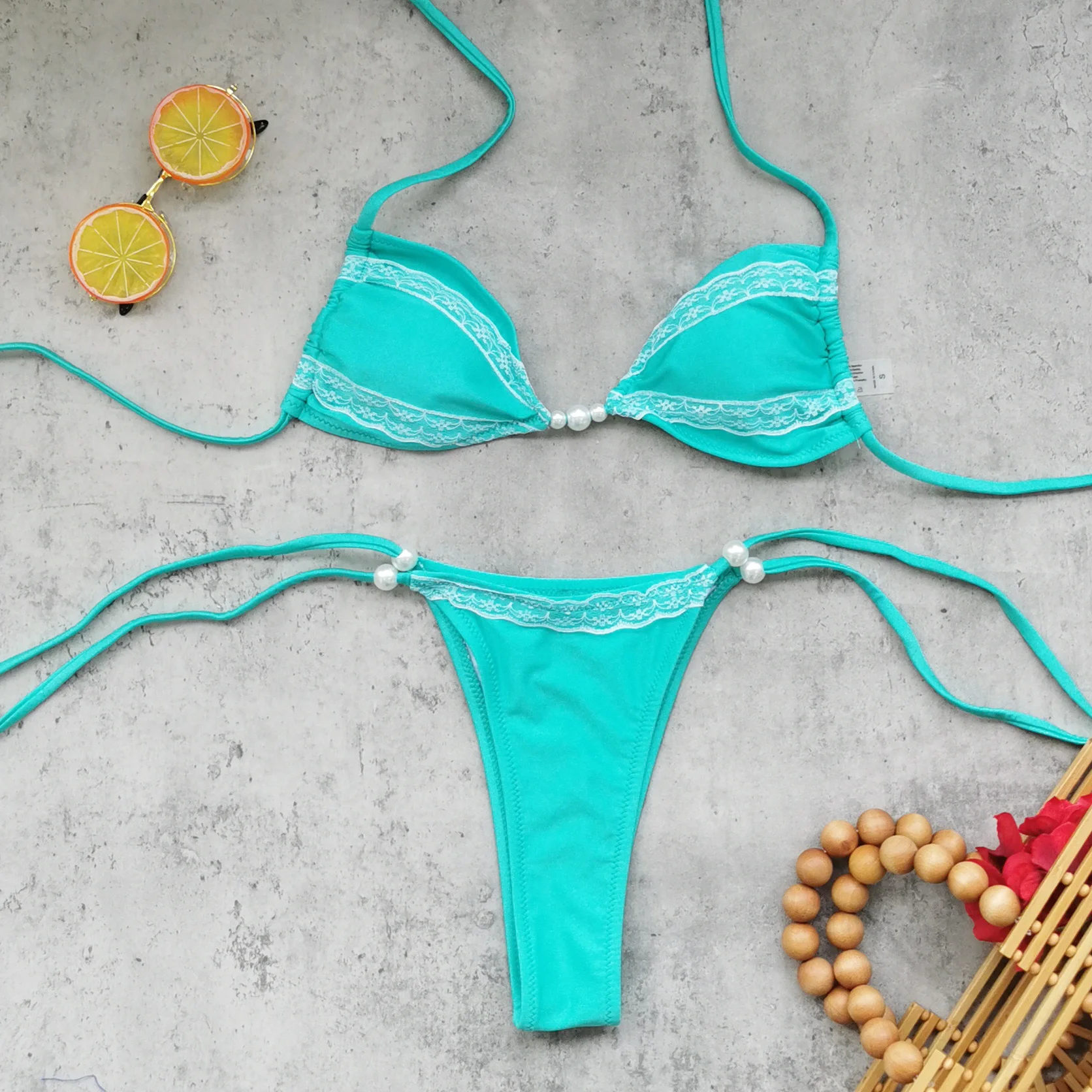 Fashion Halter Beaded Bikini Swimwear Women's Swimsuit Sexy Lady Lace Up Biquini Bathing Suit Vintage Female Vacation Beachwear