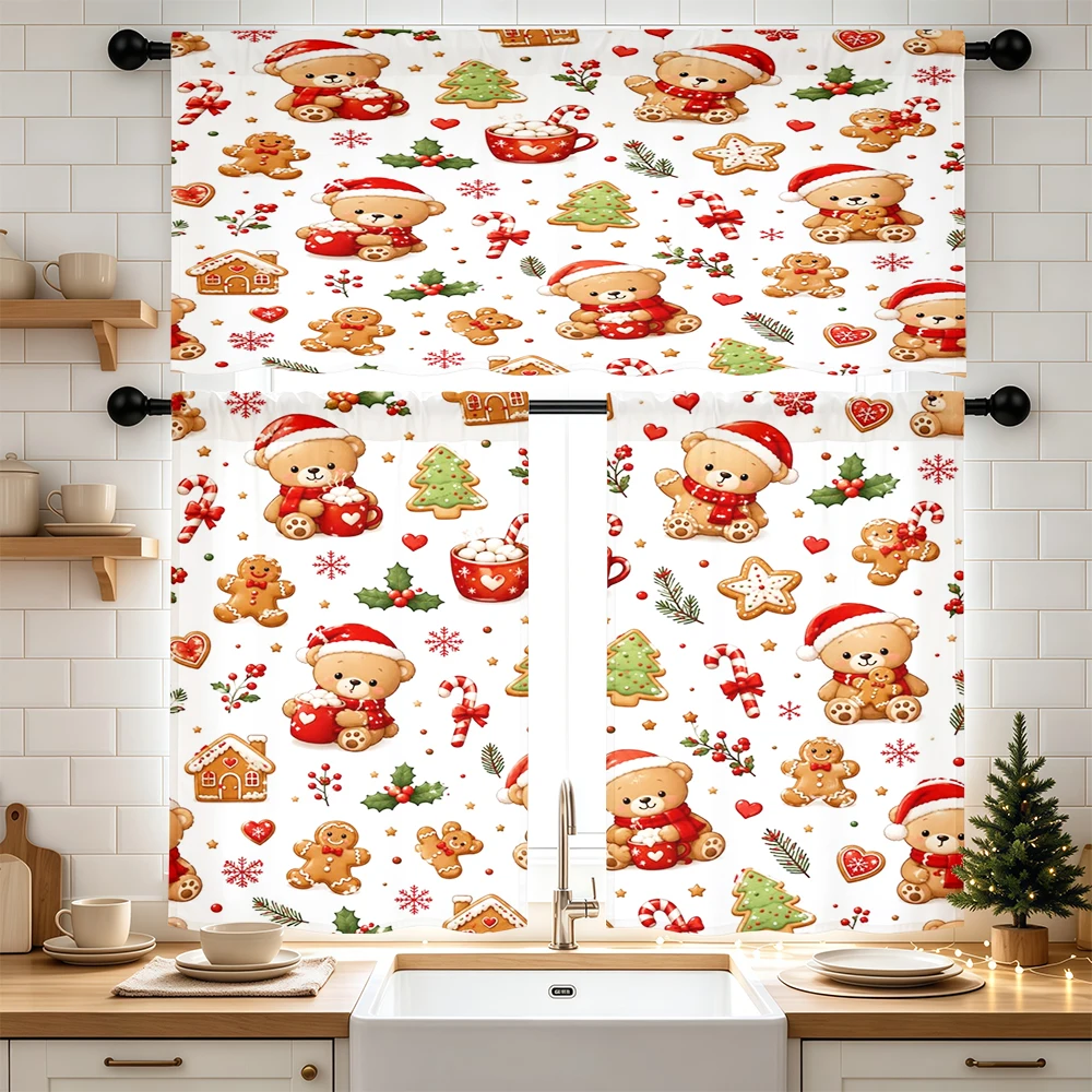 Christmas Winter Kitchen Curtains, Teddy Bear Gingerbread Candy Cane, Digital Print, Kitchen Dining Room, Rod Pocket Polyester