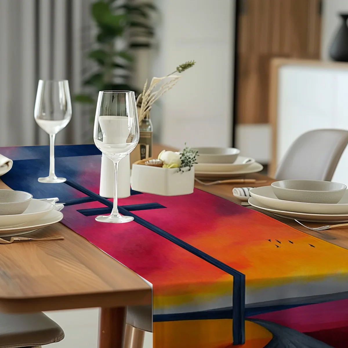 print table runner Sunset Cross Abstract Modern Art Print Tablecloth for Festivities,Weddings,Banquets,Home Decor Gifts Decorati
