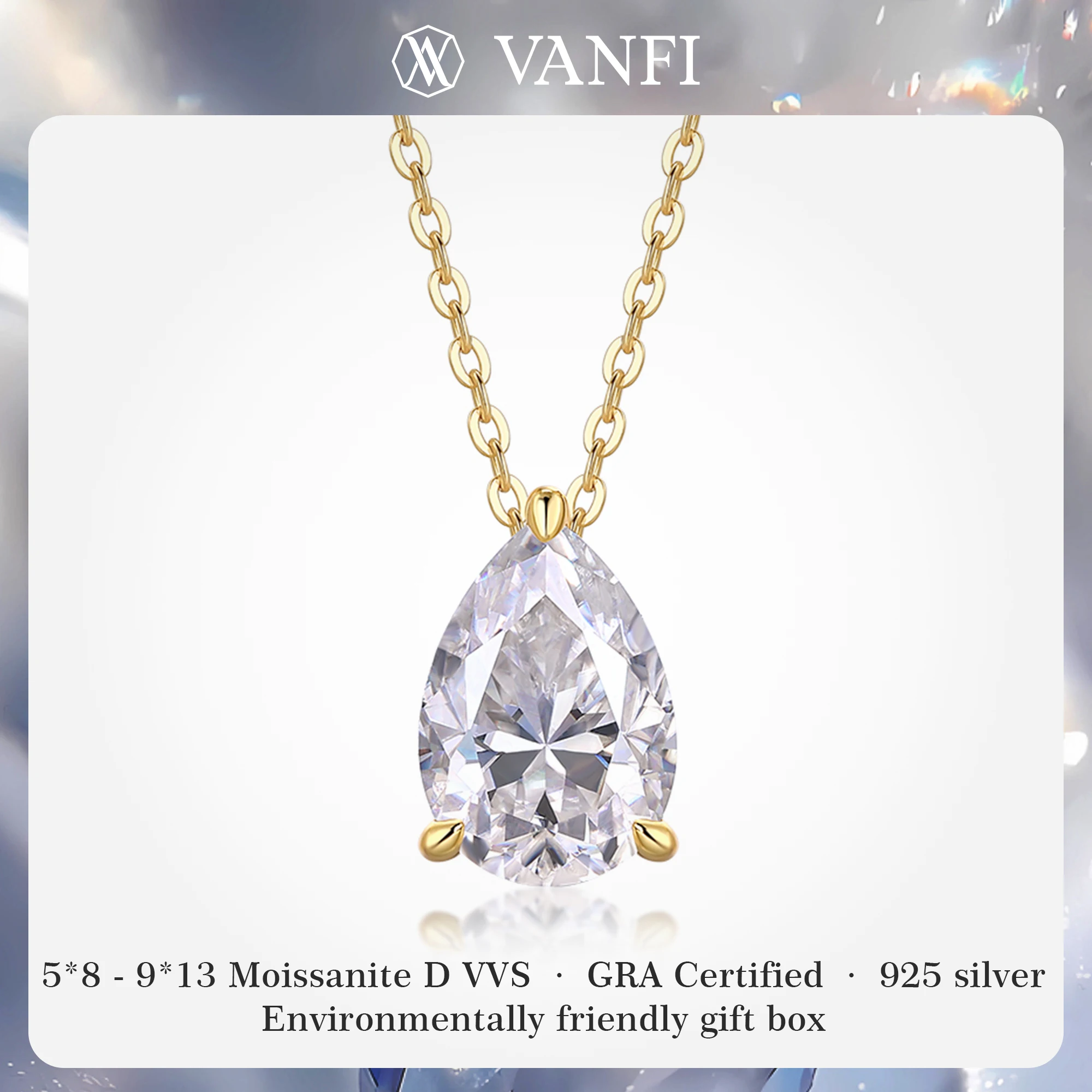 

Kfvanfi teardrop GRA moissanite women's necklace pendant silver 925 clavicle chain plated with 18K gold lab diamond fine jewelry