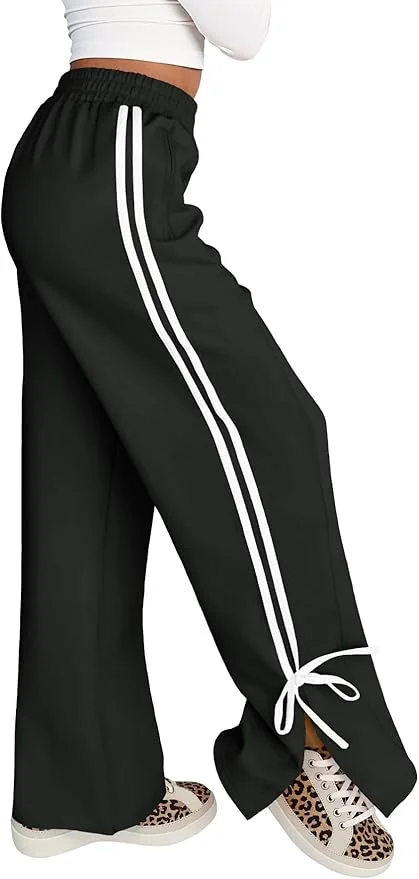 Fisoew Womens Wide Leg Track Pants High Waisted Side Slit Striped Baggy Sweatpants with Pockets