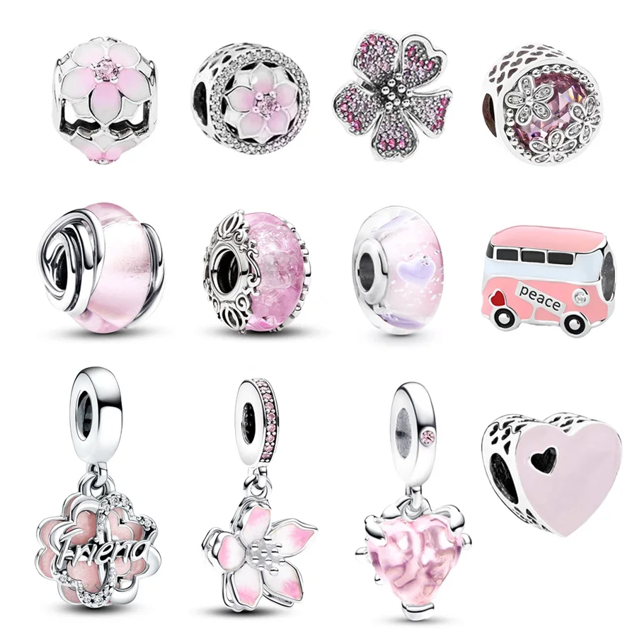 New Pink Encircled Murano Glass、Cherry Blossom、Four-leaf Clover Charm Bead Fit Original Silver 925 Pandora Bracelet Jewelry Gift