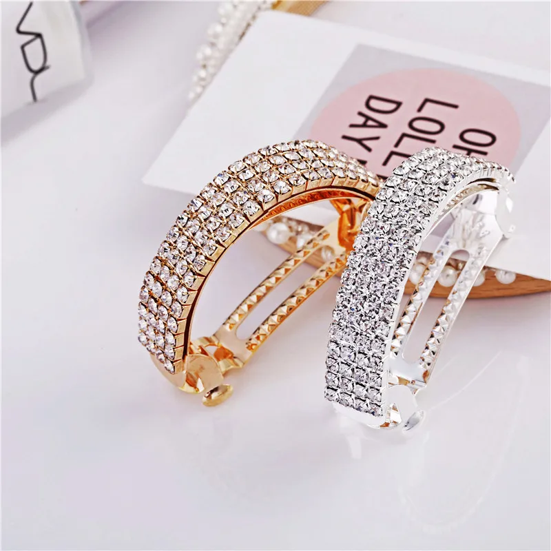 Hair Clip Rhinestone Korean Ponytail Spring Clip Silver Alloy Premium Lightweight for Women Girls Daily Party Travel