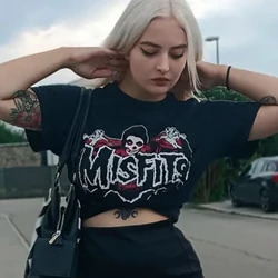 90s Harajuku printed T-shirt short sleeved tight top women's Y2K street wear black exposed navel top