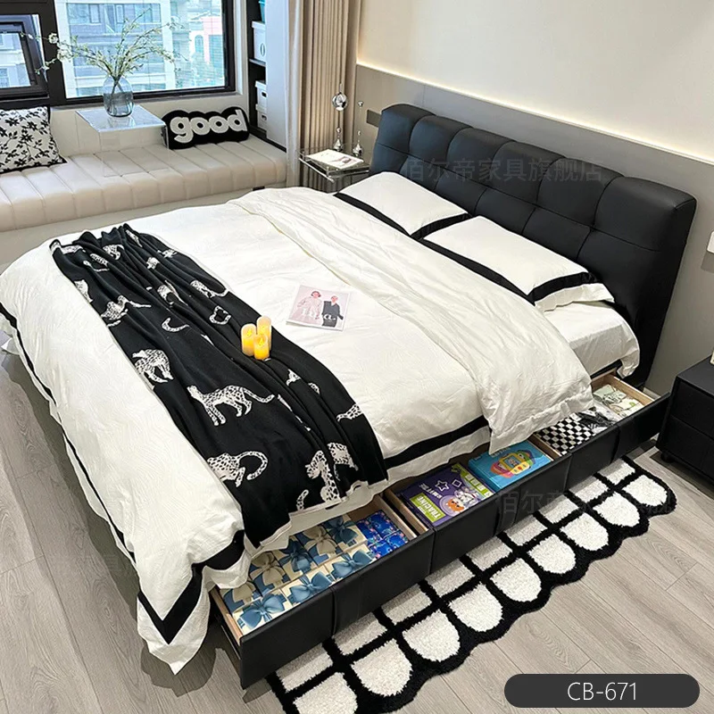 Italian light luxury leather bed master bedroom high-end double solid wood  black puff  storage leather art  soft