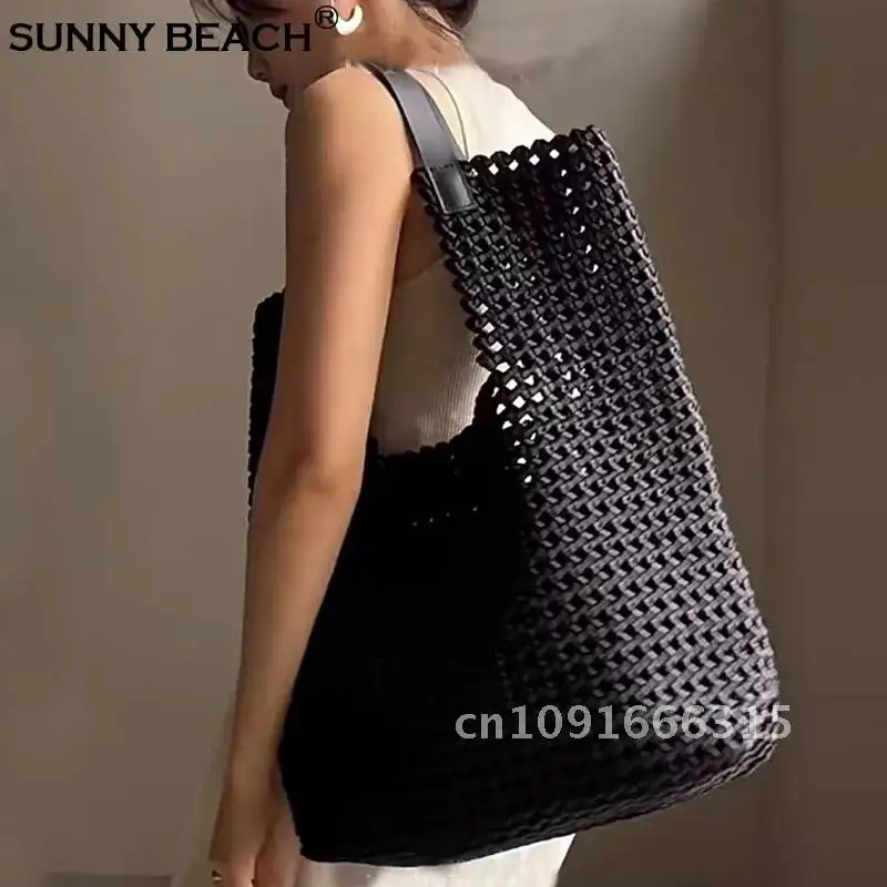 SUNNY BEACH Fashion Large Hollow Out Woven PU Leather Shoulder Bag Handbag Woman Casual Bag Lady