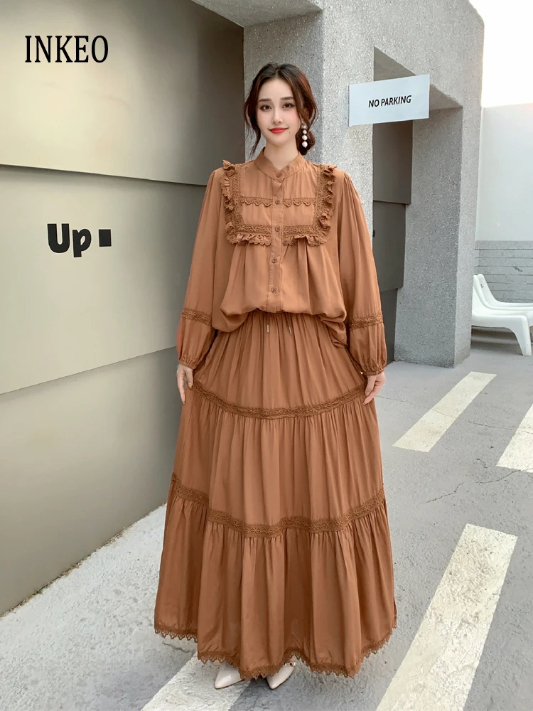 

Elegant 2 Piece set Solid 2025 Fall Vintage Lantern sleeve shirt Lace patchwork tops blouse and long skirt Beach INKEO 5T180