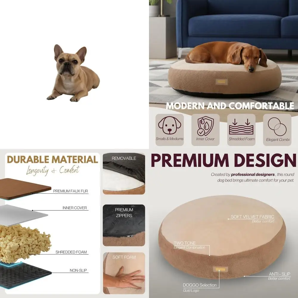 

33 Washable Round Dog Bed - Soft Foam Cushion, Non-Slip Bottom, Stylish Brown & Beige for Small to Medium Dogs