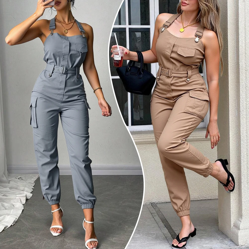 

2025 Autumn Spring Essentials Women's Modern Solid Color Sleeveless Strapless High Neck Pencil Ankle Belted Jumpsuit