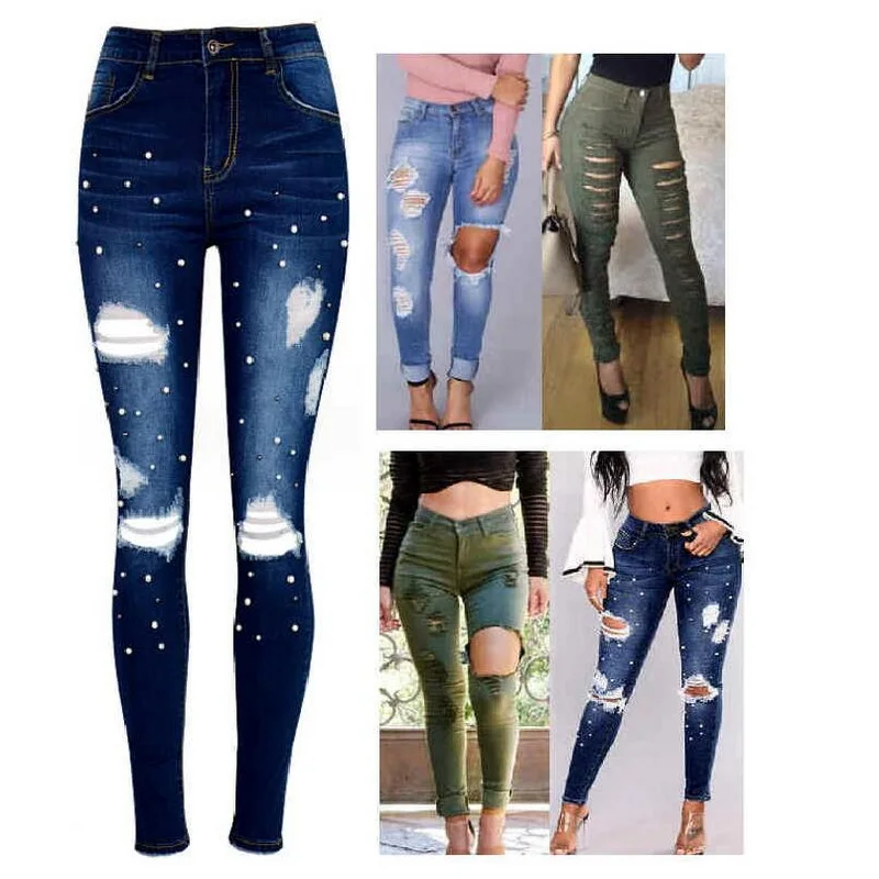 

Women Jeans Fashion Low Rise Skinny Pencil Pants Distressed Washed Stretch Multiple Styles Ripped Denim Pants