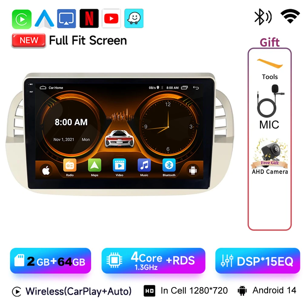 JIUYIN 9 "Android 15 Autoradio Voor FIAT 500 2007-2015 Multimedia Draadloze CarPlay Android Auto GPS Navigatie 4G Stereo Scherm