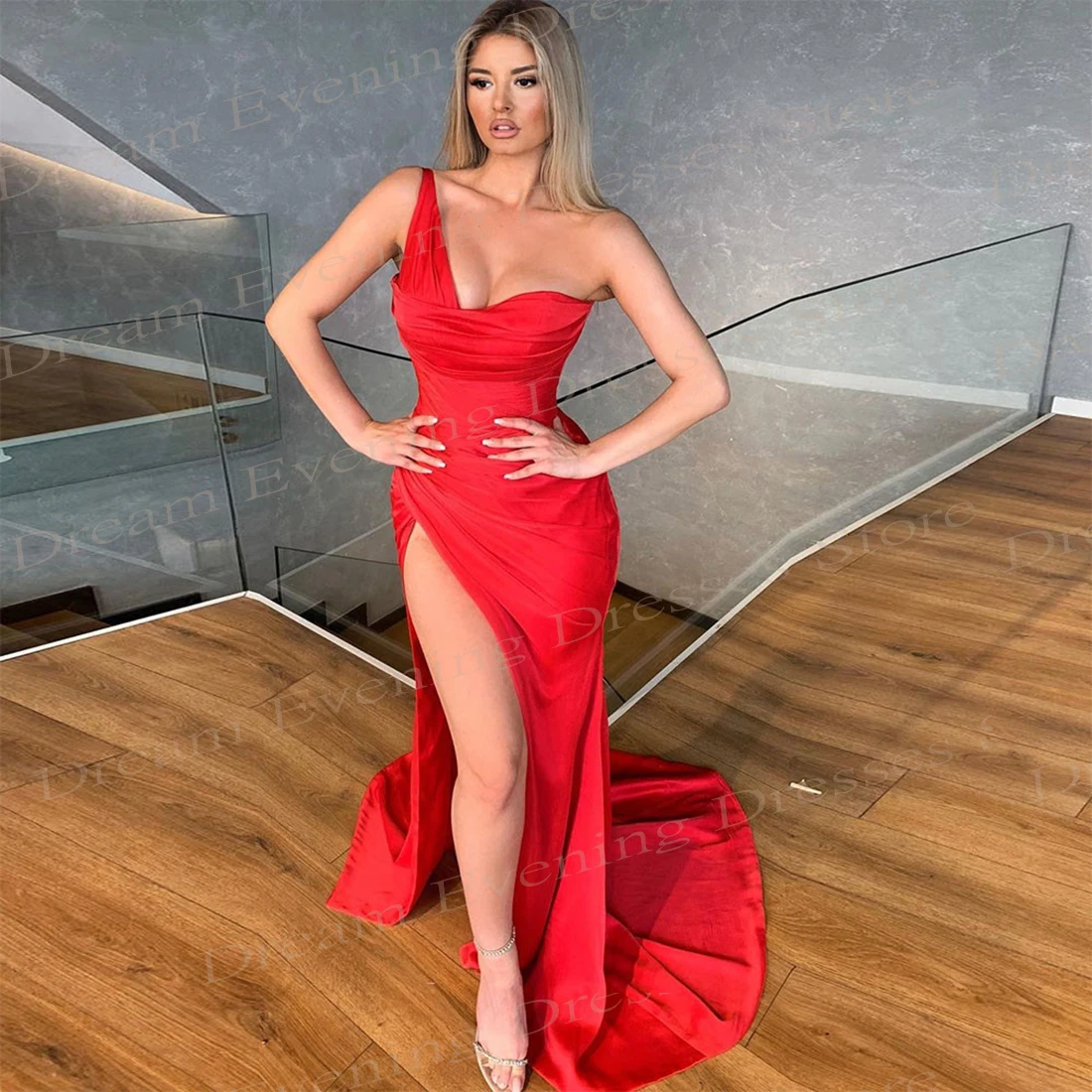 

2024 Beautiful Red Women's Mermaid Modern Evening Dresses New One Shoulder Sleeveless Prom Gowns High Side Split Formal Party