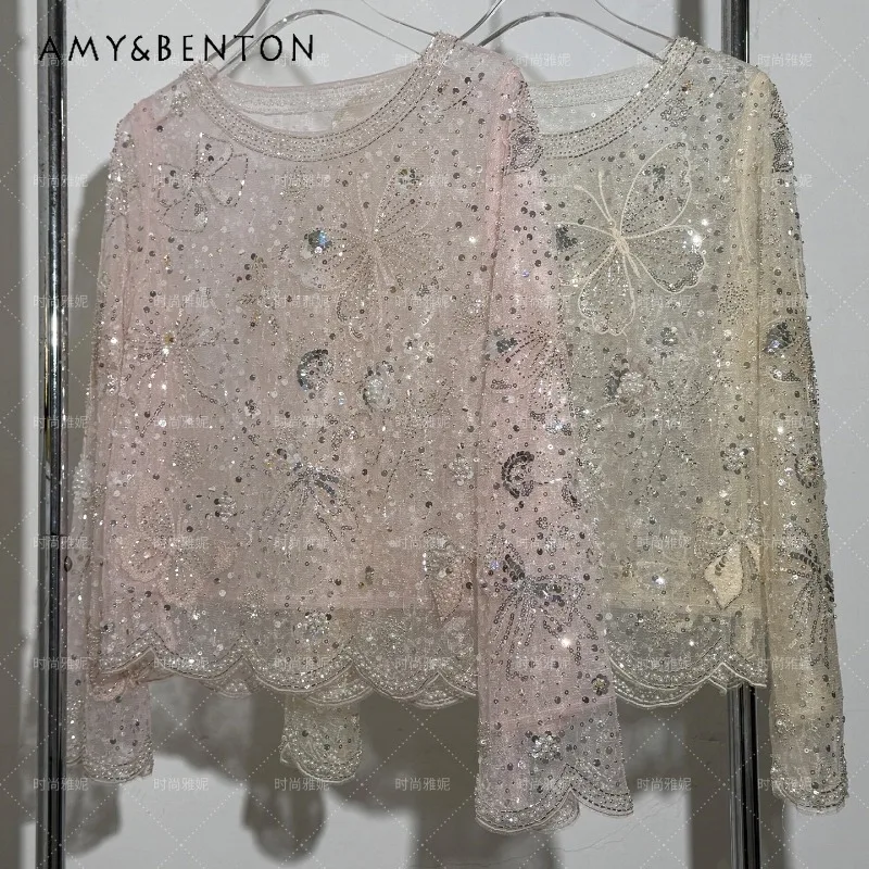 

Elegant Butterfly Sequin Beaded Lace Long Sleeves Top Ladies Slim Romantic Blouse Fashion Design Sense Casual Party Daily Wear