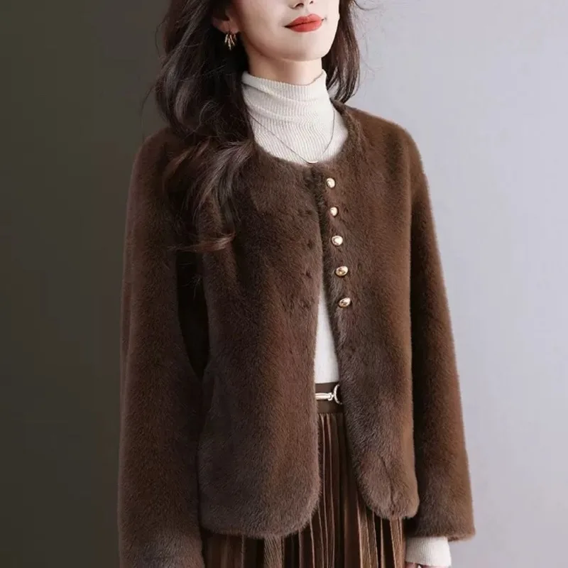 Mink Fleece Short Temperament Coat Popular Imitation Mink Fashion Casual European Mink Fleece Round Neck Winter Style Fur Jacket
