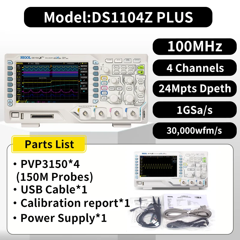 Rigol DS1054Z/DS1104Z Plus Digitale Oscilloscopen 4 Kanalen 50M/100M Bandbreedte 24Mpts Diepte Ondersteuning RS232/UART/I2C/SPI Bus