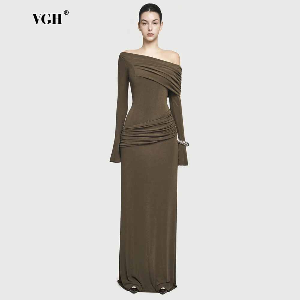 

VGH Solid Elegant Backless Folds Dresses For Women Diagonal Collar Long Sleeve High Waist Temperament Slimming Dress Female New