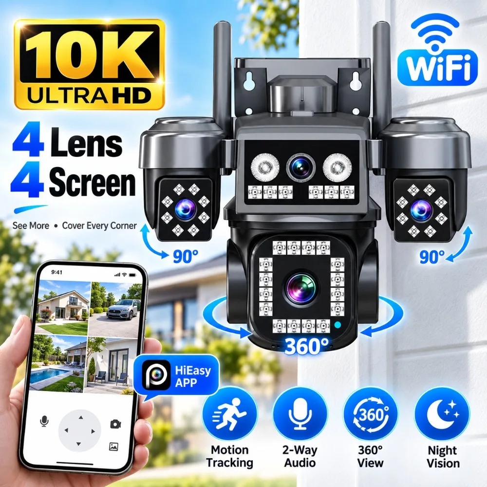 20MP WiFi Security PTZ Camera 10X Optical Zoom 4 Lens 4 Screen Color Night Vision Tracking Outdoor Waterproofing IP Cameras CCTV