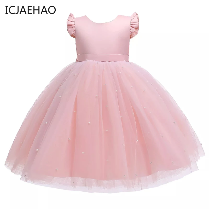 

ICJAEHAO Backless Bow Wedding Gown Kids Party Wear Princess Matching Summer Girl Flower Birthday Tulle Pink Dress Baby Bowknot