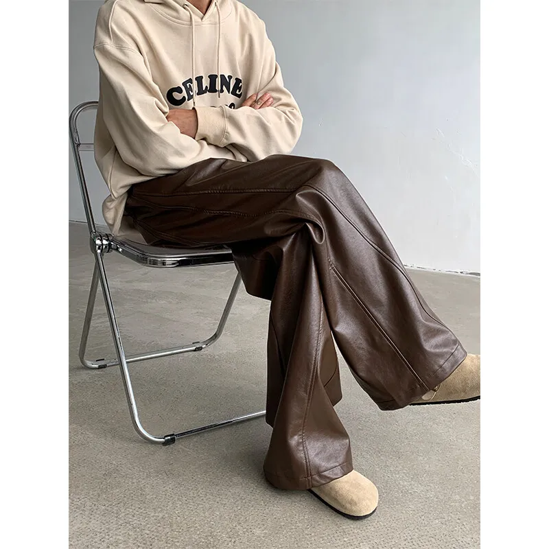 PU Leather Pants men Straight 2025new Spring Men\'s Punk Fashion Hip Hip Men Wide-leg Mopping Trousers Windproof Dark Brown/Black