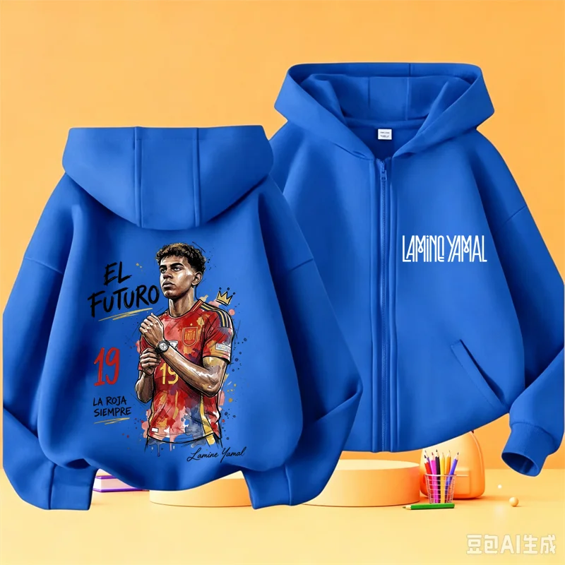 Kids Lamine Yamal Zip Up Hoodie, Boys Football Star Portrait Graphic Front Back Print Hooded Jacket, Casual Sports Sweatshirt