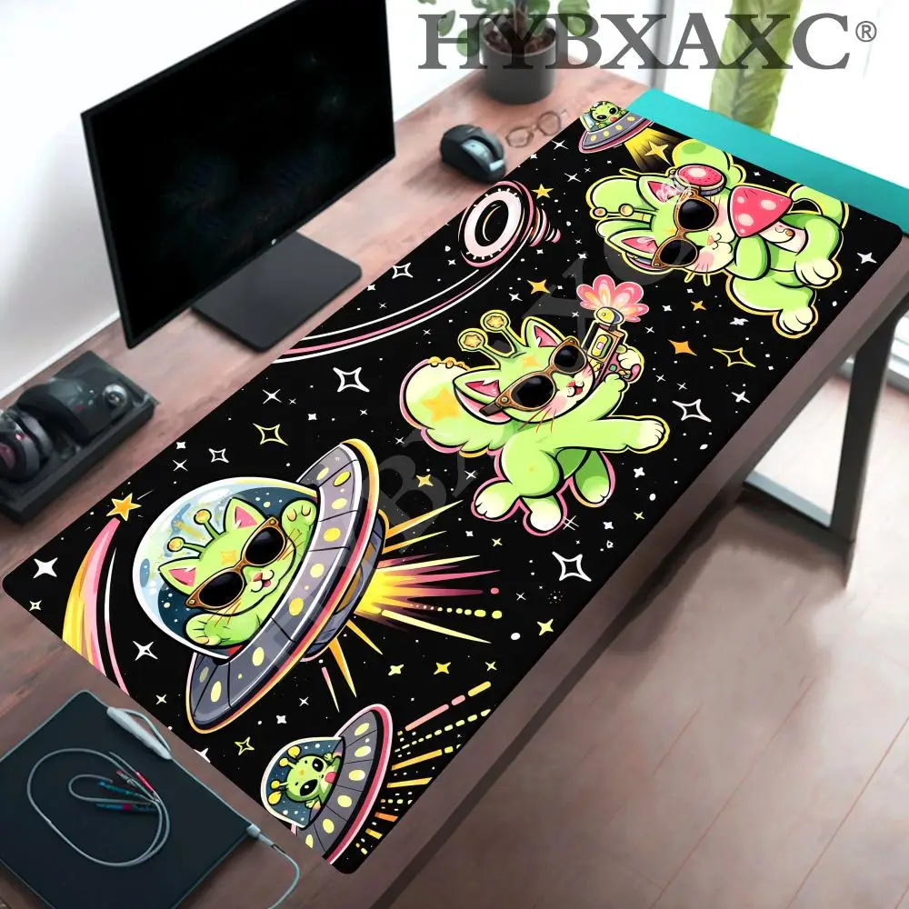 

HYBXAXC Kawaii Space Cat Mouse Pad, Cute Alien Cat Desk Mat, Neon Galaxy Desk Mat, Cartoon UFO Mouse ,Aesthetic Gaming Mouse Pad