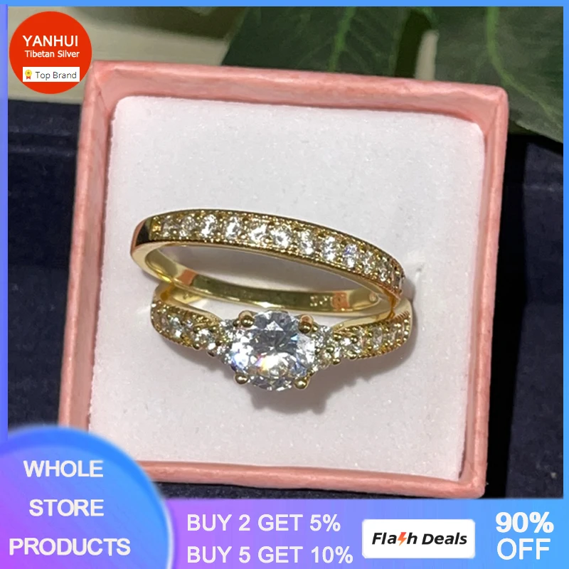 

YANHUI High Quality Round 2.0ct Zirconia Ring Real Tibetan Silver Gold Color Rings Set for Women Gift Jewelry