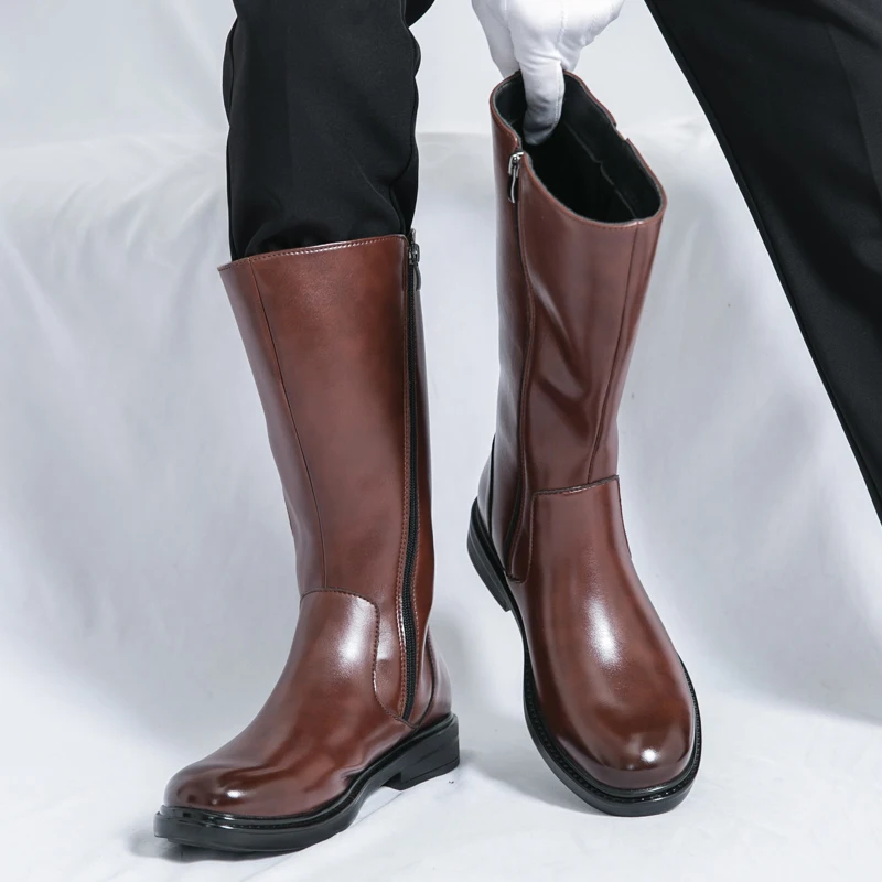 Men Casual Long Leather Boots Round Toe Side Zipper Tall Boots Comfortable Non Slip Fashion Versatile Knee High Boots For Daily