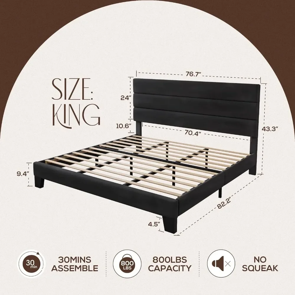 Bed Frame with Velvet Upholstered Headboard and Wooden Slats Support, Queen Size Bed Frame