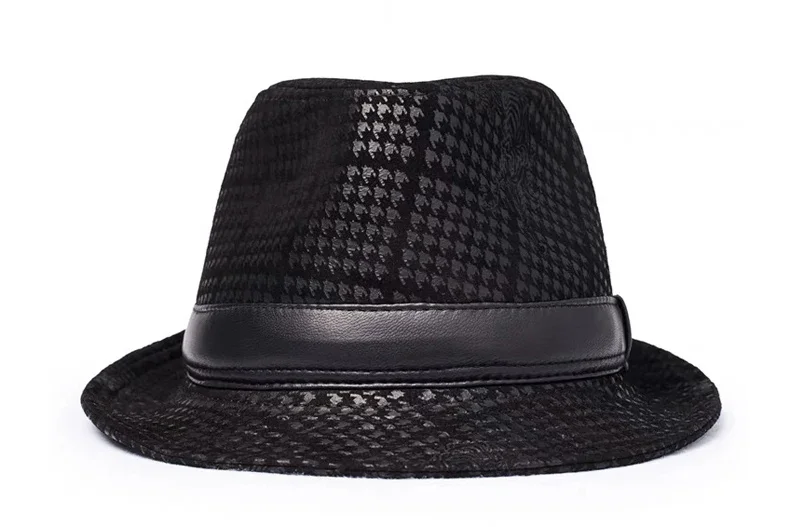 Fedora Hut Männer Frühling Winter Echtes Leder Wildleder Druck Schwarz GeometrieTop Hüte Für Frauen Britischen Herren Breite Krempe Durchführen – Detail 2